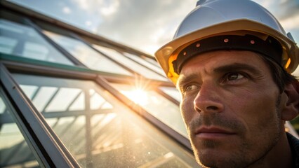Poster - A medium closeup of a workers face focused intently on aligning glass panels the sun illuminating their features emphasizing the concentration required for precise construction.