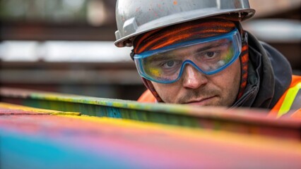 Poster - A medium closeup of a workers face partially obscured by safety goggles as they concentrate on applying the anticorrosion layer with vibrant colors of the coating contrasting