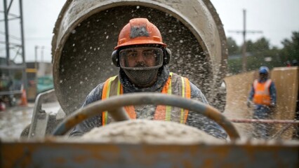 Fototapete - A medium closeup of a worker operating a concrete mixer their face partially obscured by safety gear with wet concrete splashing around depicting the labor intense environment.
