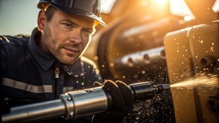 Aufkleber - A medium closeup of a worker using a grease gun on a moving joint of drilling machinery with droplets of grease visible in the sunlight emphasizing lubrication maintenance.