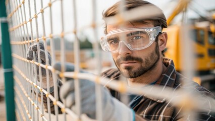 Aufkleber - A medium closeup of a worker wearing goggles intensely focused on installing a protective mesh with construction machinery and scaffoldings softly blurred in the background.