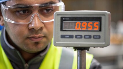 Poster - A medium closeup of a worker wearing safety goggles intently observing the digital display of a weighing machine with a focused expression highlighting concentration.
