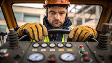 Aufkleber - A medium closeup of a worker wearing protective gear intently monitoring the control panel of the pile driver his hands poised over the levers as the vibrations of the machinery