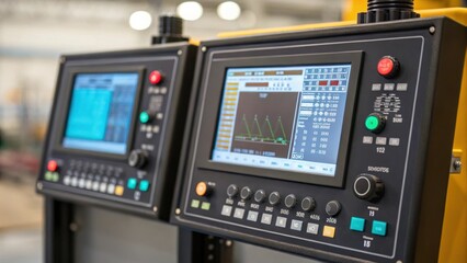 Aufkleber - A medium closeup of control panels featuring digital interfaces displaying realtime operational data and settings for the robotic welding systems.