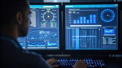 Aufkleber - A medium closeup of digital screens displaying system diagnostics and performance metrics with an operator intently monitoring the data reflecting the technological aspect of