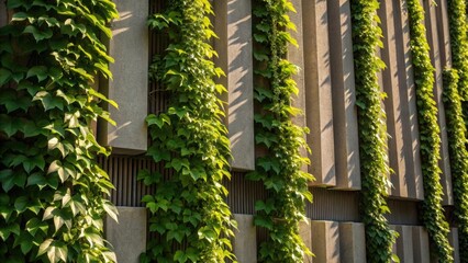Poster - A medium closeup of d vines cascading down from a multitiered vertical garden their leaves creating patterns of light and shadow against the textured surface of the building.