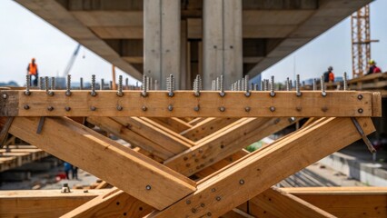 Aufkleber - A medium closeup of large wooden bracing being assembled with nails being hammered in providing temporary support for the concrete sections of the flyover under construction.
