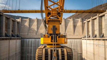 Aufkleber - A medium closeup of heavy machinery like a crane working on the dam site showcasing intricate hydraulic systems as it lifts massive concrete blocks into place.