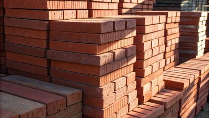 Poster - A medium closeup of newly stacked bricks showing the meticulous arrangement as the sunlight casts shadows highlighting the textures and layers.