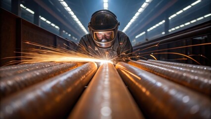 Poster - A medium closeup of rustcovered pipes being sanded down by a worker with sparks flying and protective gear reflecting the bright workshop lights emphasizing safety and precision in