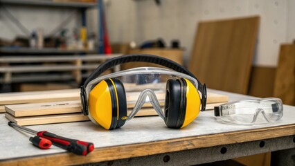 Poster - A medium closeup of safety gear including goggles and ear protection laid on a workbench indicating the emphasis on safety and best practices in the cable production environment.