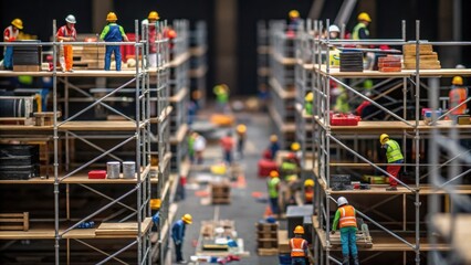 Aufkleber - A medium closeup of scaffolding platforms filled with workers and tools providing an energetic and chaotic glimpse into the assembly process.