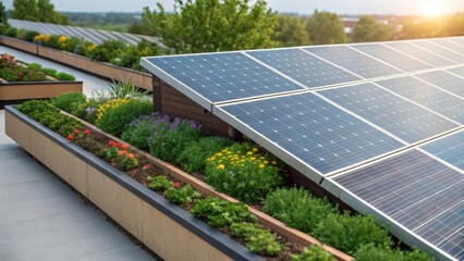 Aufkleber - A medium closeup of solar panels positioned alongside a rooftop garden illustrating the blend of renewable energy solutions with nature.