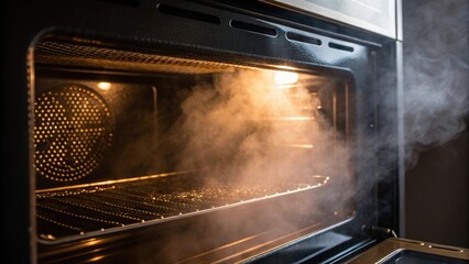 Poster - A medium closeup of steam emitting from the ovens discharge vent captured in detail with condensation creating a light mist in the air reflecting the intense baking process inside.