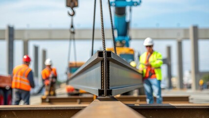 Aufkleber - A medium closeup of steel beams being secured by the mobile crane with workers in the background donning safety gear and interacting at the site.