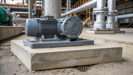 Poster - A medium closeup of the heavyduty pump mounted on concrete with visible vibrations traveling through the sy base highlighting its industrial environment.