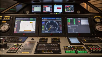 Aufkleber - A medium closeup of the operators console filled with screens and gauges showing a mix of various data visualizations and control panels for the tunnel boring process.