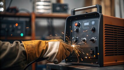 Aufkleber - A medium closeup of the welders gloved hand adjusting settings on a welding machine sparks darting across the frame from nearby joints.