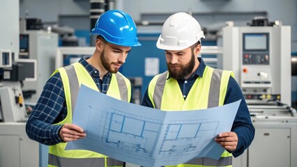 Aufkleber - A medium closeup of two technicians discussing a blueprinted layout surrounded by advanced machinery conveying teamwork in the assembly process.