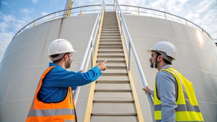 Poster - A medium closeup of two workers discussing safety protocols one pointing toward a ladder leading to the top of a towering fuel storage tank emphasizing teamwork and communication.