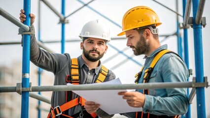 Aufkleber - A medium closeup of two workers coordinating their movements discussing plans as they connect cross beams to the main scaffolding frame.