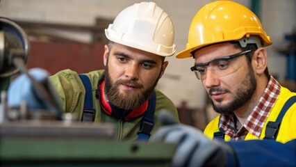 Aufkleber - A medium closeup of two workers discussing machinery operation