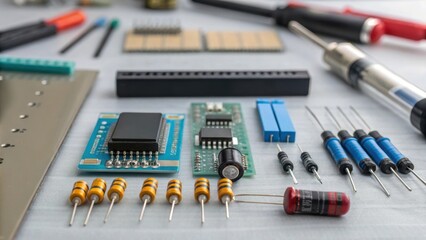 Poster - A medium closeup of various electronic components including resistors capacitors and microcontrollers neatly organized in a technicians workspace illuminated by soft lighting.