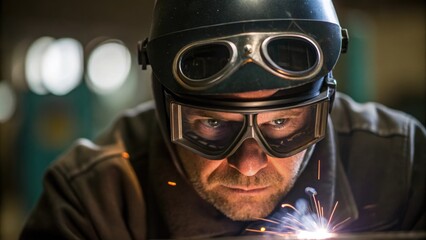 Poster - A medium closeup of welding goggles pushed up on a welders forehead showing intense concentration in their eyes as they prepare to resume the task at hand.