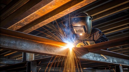 Poster - A medium closeup of welding equipment in action with molten metal fusing large steel beams that will support the structure of the vault.