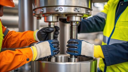 Aufkleber - A medium closeup of workers in safety gear collaborating to tighten bolts on the mixers chassis showcasing gloved hands and the powerful machines metallic surface.