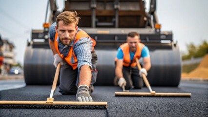 Poster - A medium closeup of workers using hand tools to smooth the edges of the new asphalt with focused expressions and dynamic movements captured against the backdrop of the large