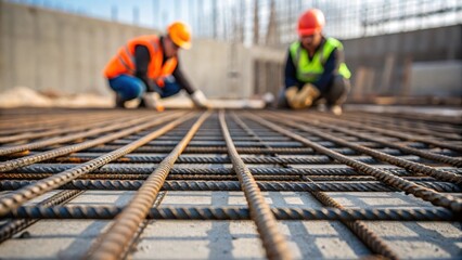 Aufkleber - A medium closeup of workers inspecting a grid of laid rebar showing the intricate patterns formed by overlapping bars before the concrete is poured.