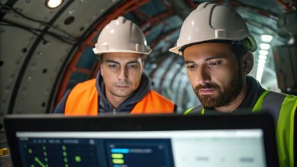 Aufkleber - A medium closeup of workers in safety helmets intently monitoring the controls of the tunnel boring machine their expressions focused on the screen displaying realtime data.