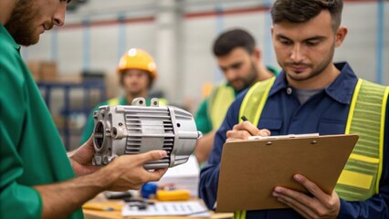Aufkleber - A medium closeup shot of an assembly team collaborating with one person holding a generator component in place while another checks specifications on a clipboard capturing teamwork