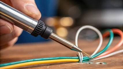 Poster - A medium closeup shot of a soldering iron melting flux onto a wire connection before final securing illustrating the craftsmanship involved in creating reliable electrical