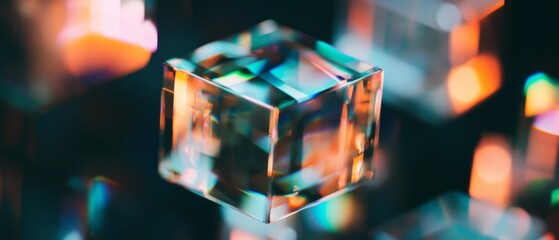Poster - Holographic cube displaying intricate geometric patterns in vibrant colors and light reflections