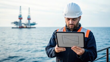Aufkleber - A medium closeup shot of an engineer reviewing schematics on a digital tablet with the vast ocean and drilling platform visible in the background emphasizing the planning involved
