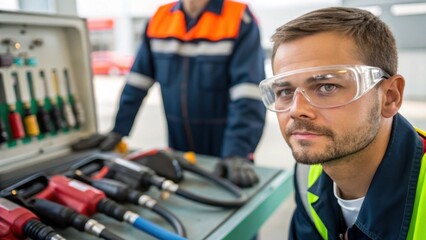 Poster - A medium closeup shot captures a worker wearing safety goggles attentively watching as a colleague calibrates a fuel pump tools spread out on a workbench nearby.