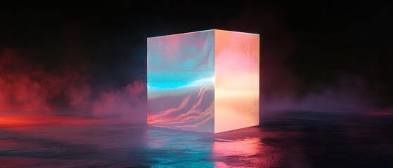 Poster - Holographic cube with vibrant geometric patterns illuminated in a dark environment
