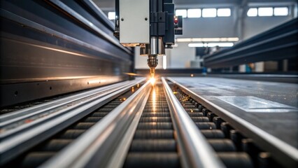 Poster - A medium closeup shot of a precision ting machine slicing through steel rails with the machinery glistening under industrial lighting ensuring exact lengths for installation.