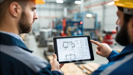 Aufkleber - A medium closeup shot of an engineer pointing to a detailed schematic on a tablet discussing machinery specifications with a colleague amidst the sounds of working equipment.