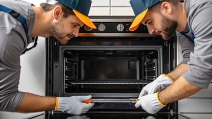 Aufkleber - A medium closeup shot of workers assembling the ovens external casing emphasizing the teamwork and precision involved in the installation process.