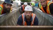 © DigitalSpace - A medium closeup showing a crew guiding a large stormwater basin into position with facial expressions indicating teamwork and focus on alignment.