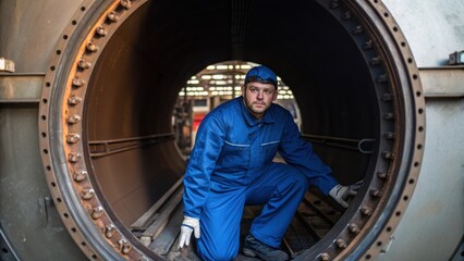 Aufkleber - A medium closeup showcasing a worker in a blue jumpsuit inspecting the interior of an open boiler chamber highlighting the industrial components and wear inside.