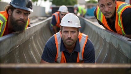 Poster - A medium closeup showing a crew guiding a large stormwater basin into position with facial expressions indicating teamwork and focus on alignment.