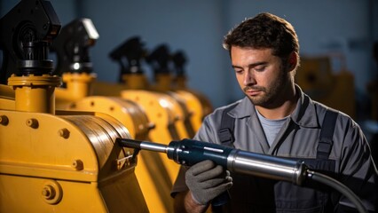Aufkleber - A medium closeup showing a maintenance worker applying grease to the pivot points of large mixer arms with a backdrop of other equipment cast in shadow.