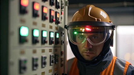 Aufkleber - A medium closeup showing a worker in safety gear inspecting a control panel filled with switches and dials with the glow of indicator lights reflecting on their visor.