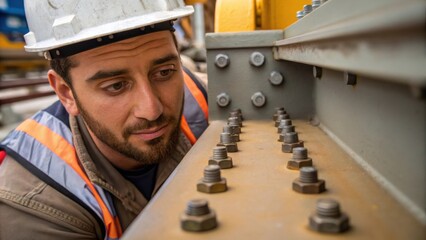 Poster - A medium closeup showing the concentration on a workers face as he inspects the connection of bolts on a newly installed bridge segment reflecting precision in the task.