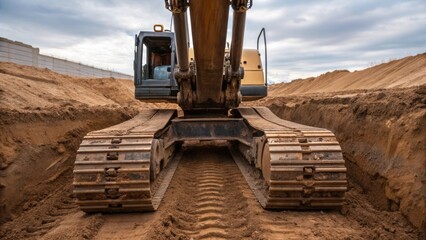 Poster - A medium closeup view of heavy excavation machinery with tracks partially submerged in the dirt and hydraulic arms extended preparing to dig another section of the trench.