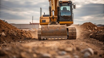 Aufkleber - A medium closeup view of heavy machinery such as an excavator maneuvering on site with dirt and debris being disp as the reservoir foundation is prepared.